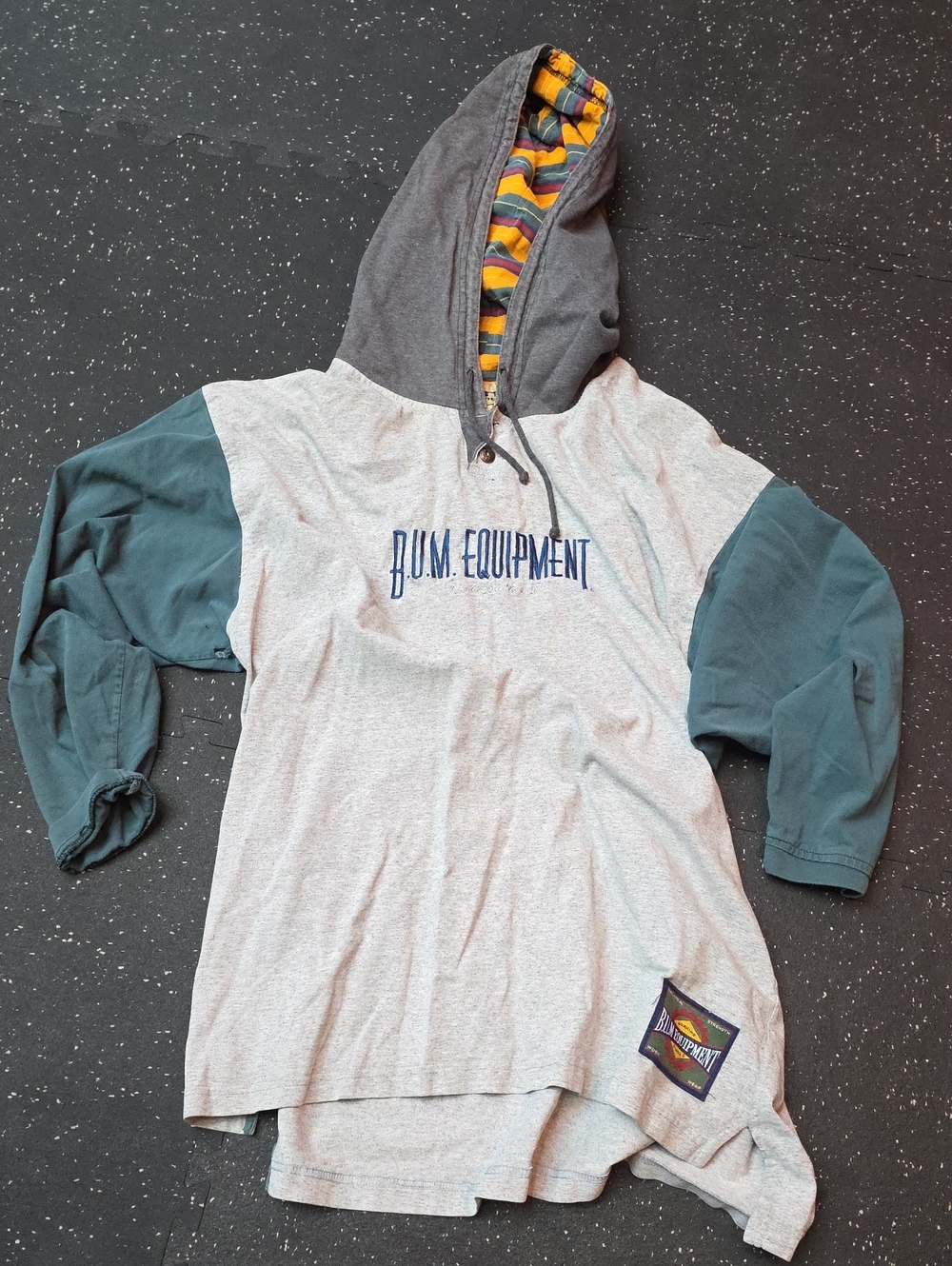 Vintage, 90s BUM Equipment Hooded Long Sleeve Shirt - Gray with Teal Sleeves